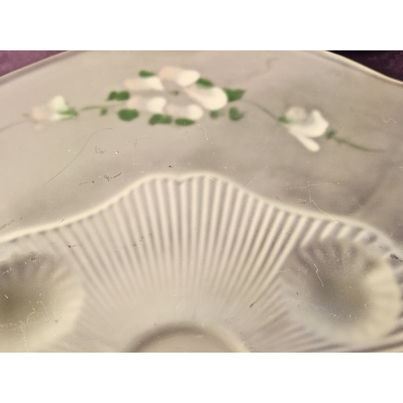 VTG Lancaster Frosted Depression Glass Shallow 3-Footed Dish Hand Painted Flower - Picture 8 of 11